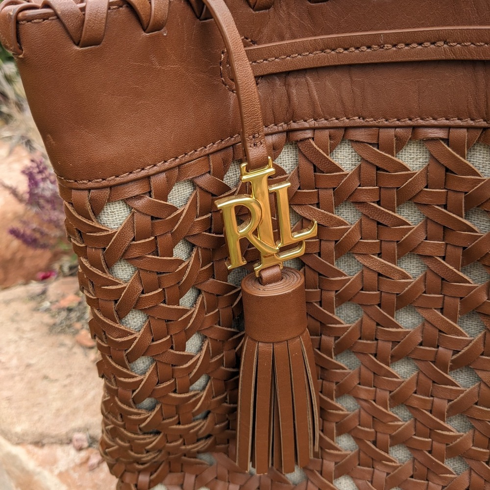 Lauren Ralph Lauren Woven Leather Bucket Bag Field Brown Diana Portwood Tote - Picture 4 of 16